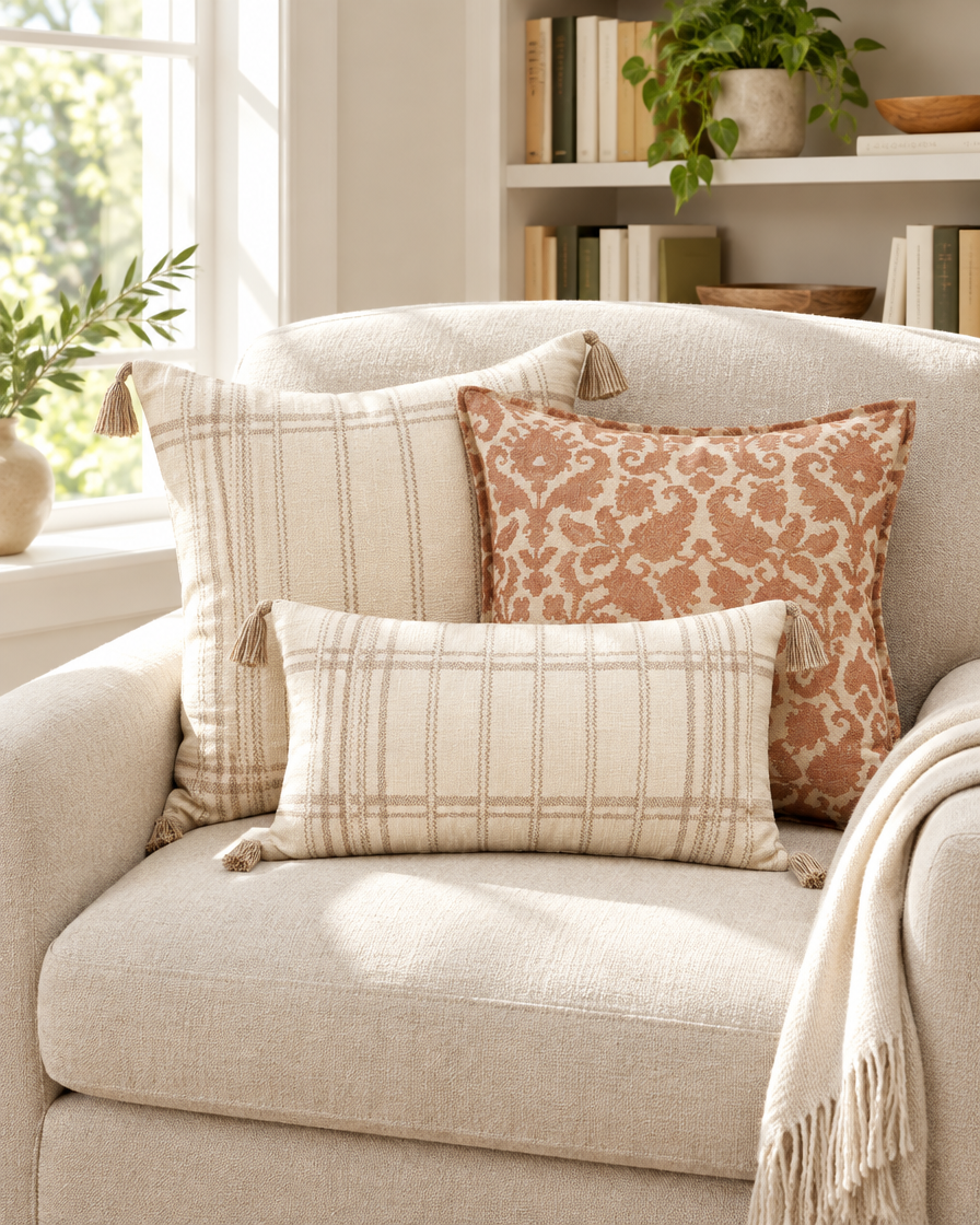 Ivory stripe, terracotta damask and check lumbar printed cushion covers on an oatmeal armchair in a reading nook