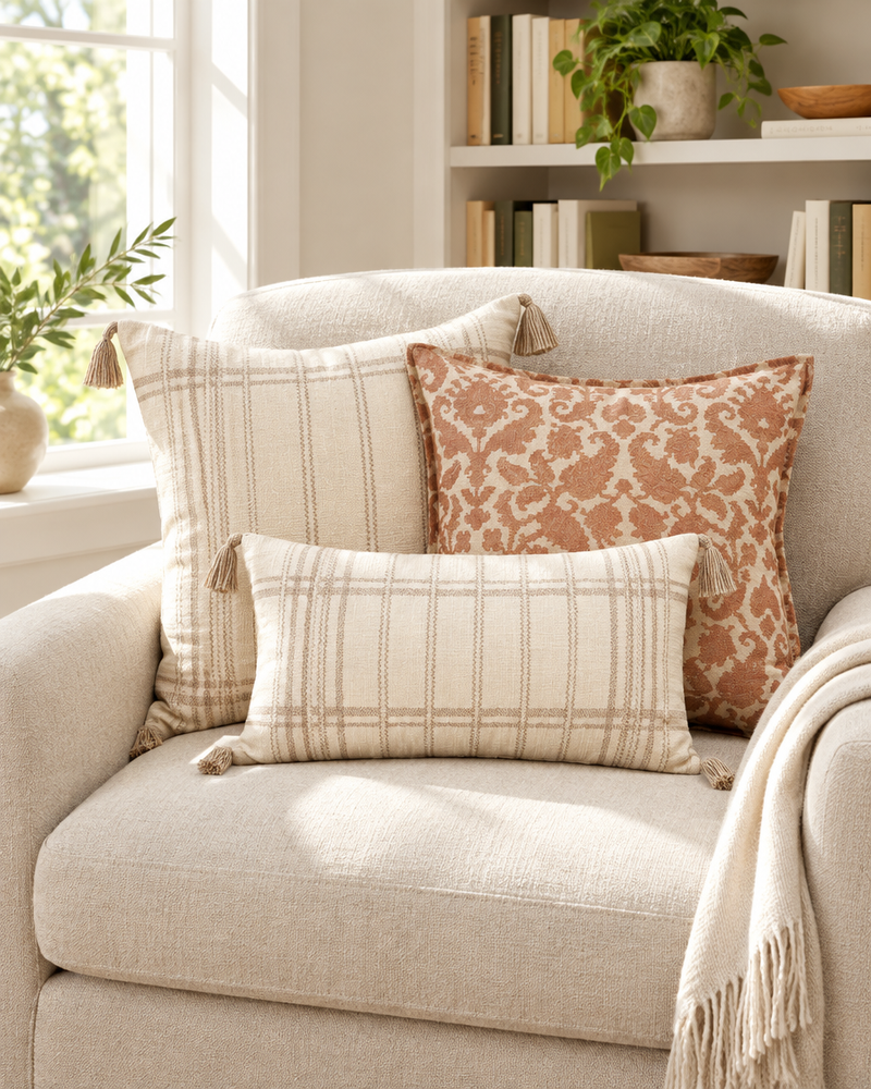 Ivory stripe, terracotta damask and check lumbar printed cushion covers on an oatmeal armchair in a reading nook