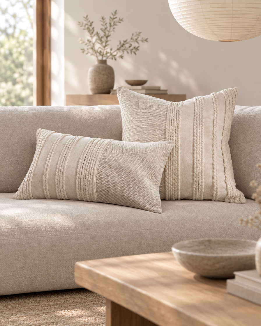 Ivory banded hand-woven cushions, square and lumbar, on a low oatmeal sofa in a Japandi lounge