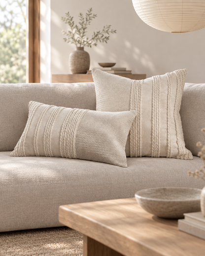 Ivory banded hand-woven cushions, square and lumbar, on a low oatmeal sofa in a Japandi lounge