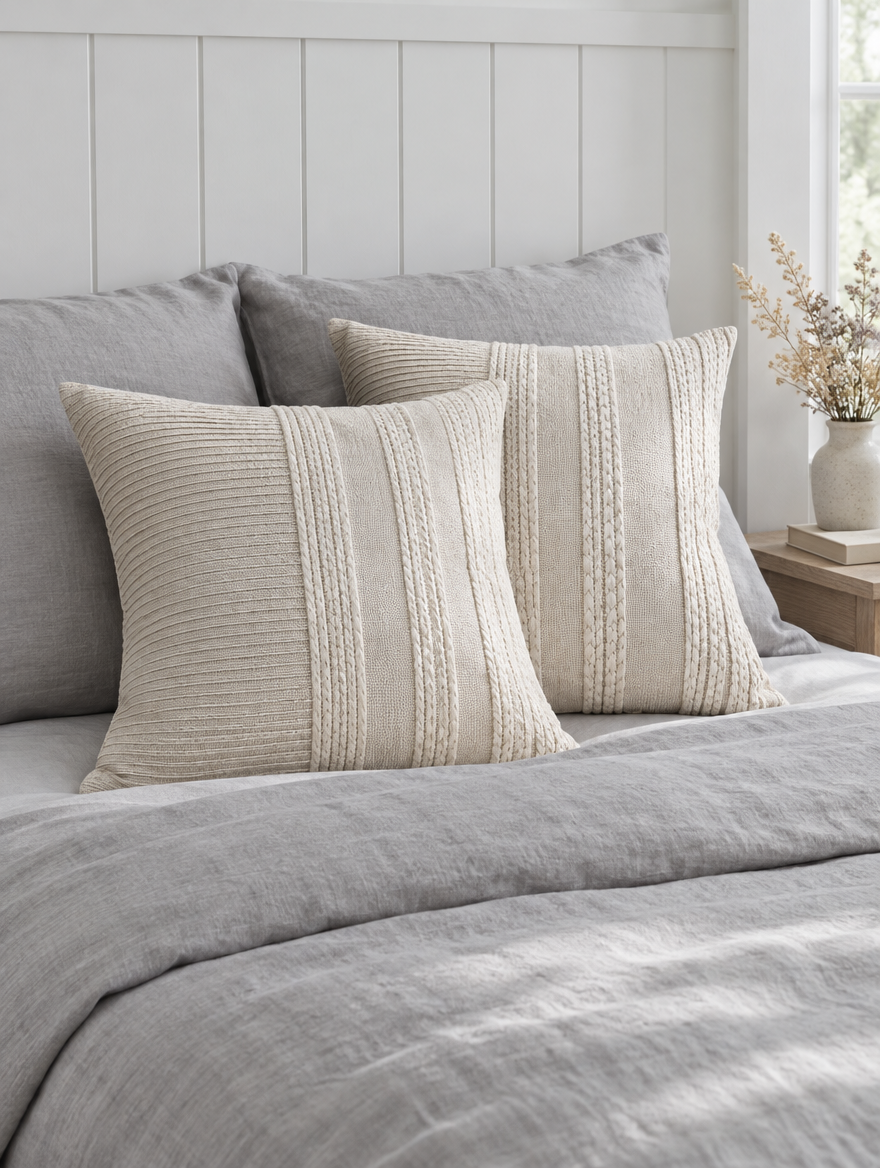Ivory banded hand-woven cushions with pintuck stripes on soft grey bedding