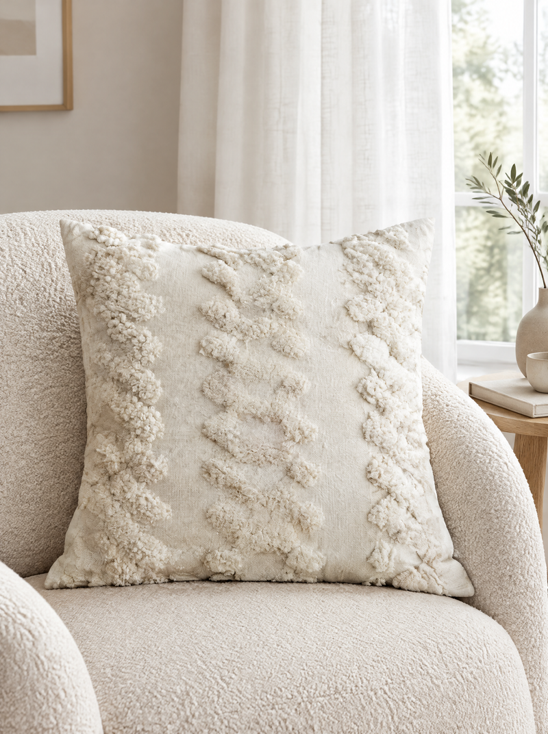Ivory Cloud Embroidery Cushion Covers, styled at home