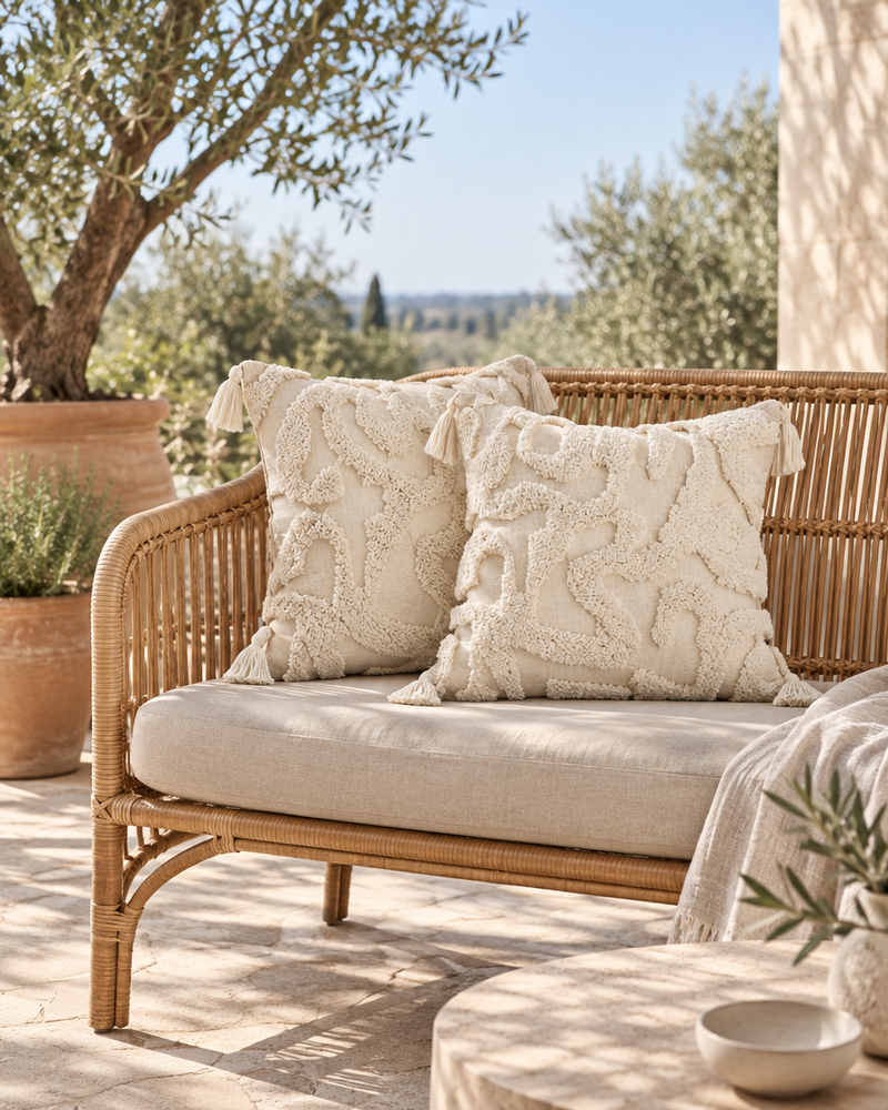 Ivory tufted leaf embroidery cushions with tassels on a rattan sofa on a sunny terrace with olive trees