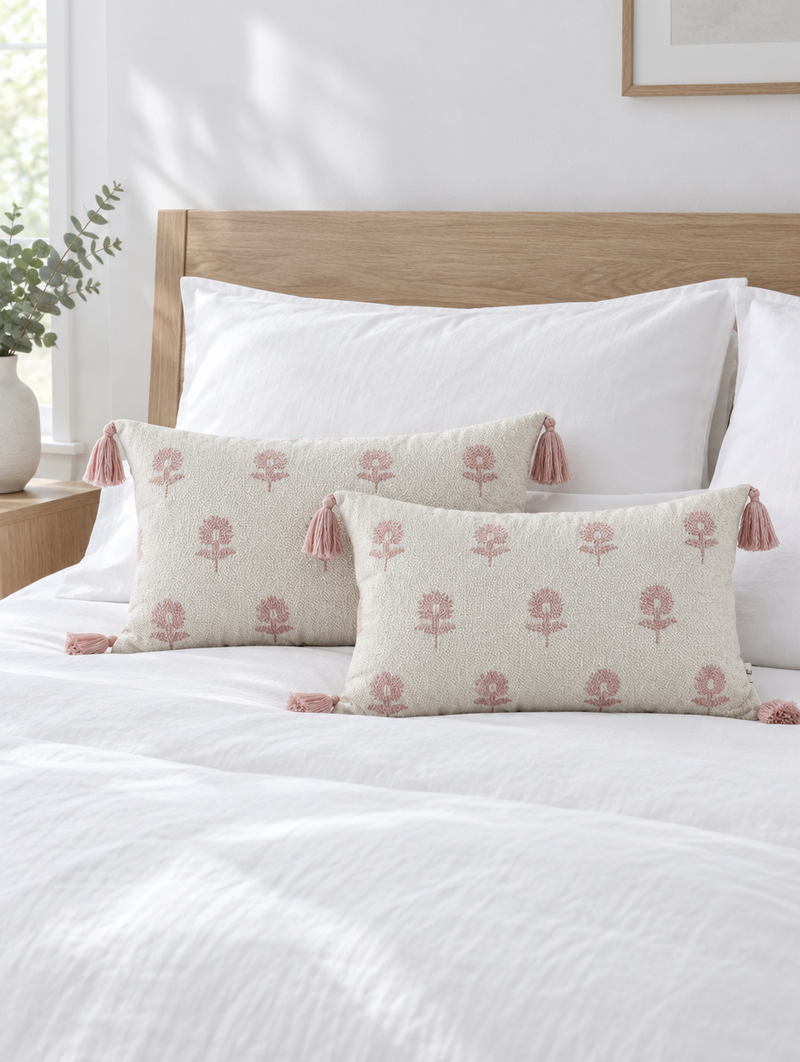 Ivory lumbar cushions with pink embroidered flowers and tassels on crisp white bedding