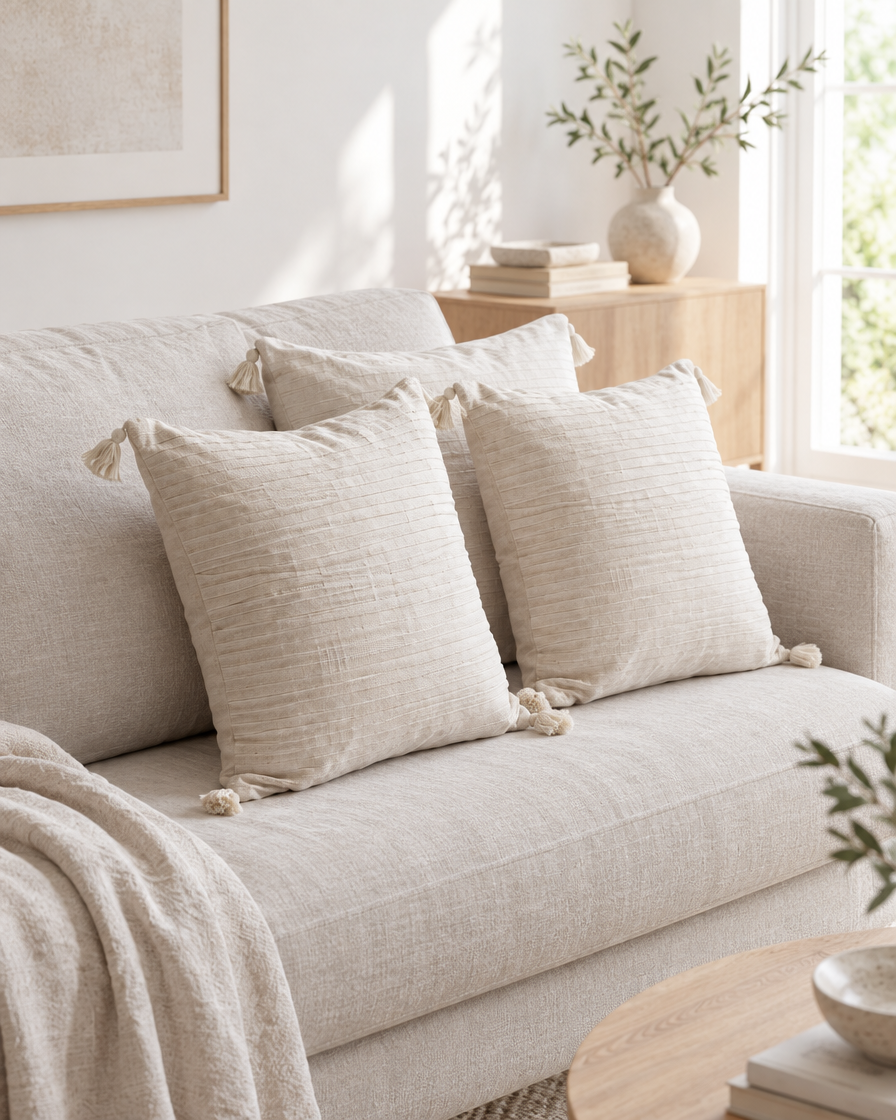 Ivory tassel cushions on a linen sofa in a sunlit Scandi living room