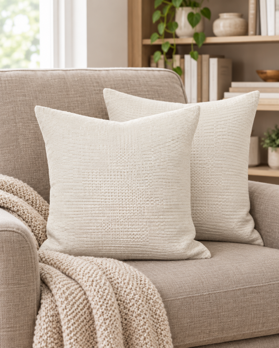 Two ivory nubby jacquard cotton linen cushions on a taupe armchair with a knitted throw and bookshelf