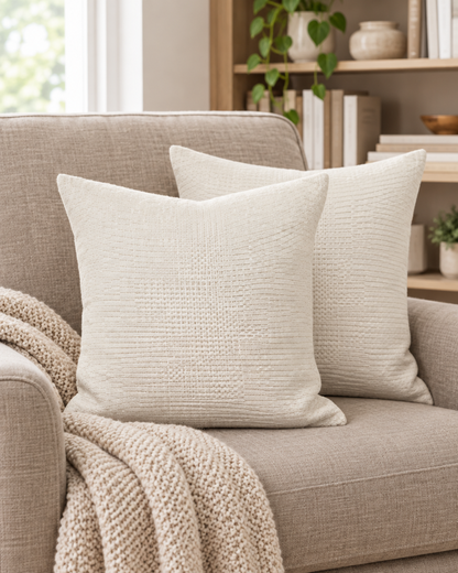 Two ivory nubby jacquard cotton linen cushions on a taupe armchair with a knitted throw and bookshelf