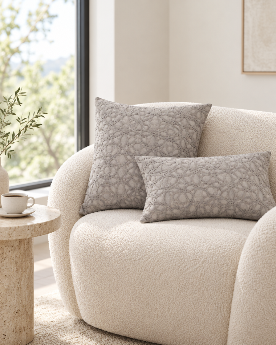 Grey lattice jacquard cotton cushions on a cream bouclé armchair by a window with coffee on a travertine table