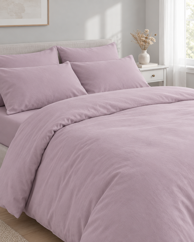 Lilac Plain Cotton bedding on a made double bed in a light bedroom