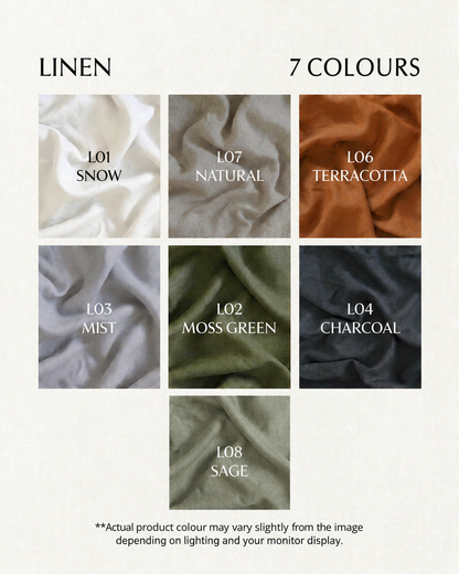 French linen colour chart: Snow, Natural, Terracotta, Mist, Moss Green, Charcoal and Sage