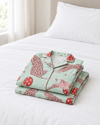 Lucky Dice pyjama set folded at the foot of a white made bed