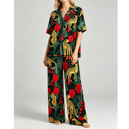 Rose Leopard Long Pyjama Set — Women's