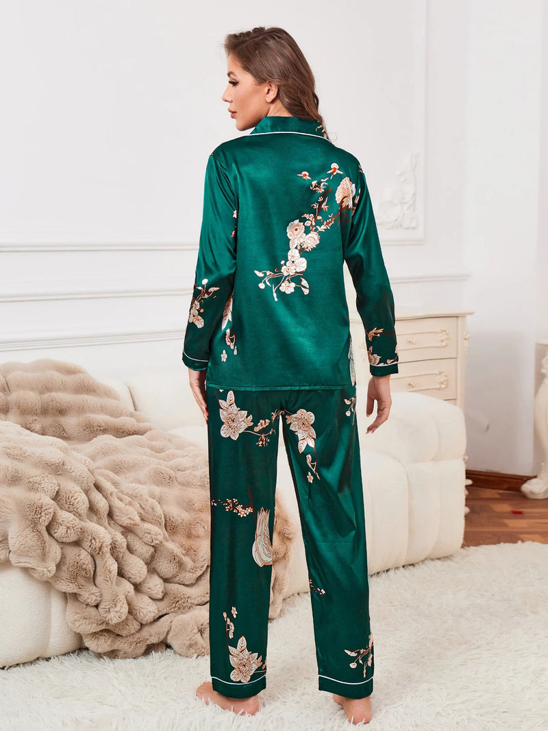 Floral Modal Cloud Satin Piped Long Pyjama Set — Women's