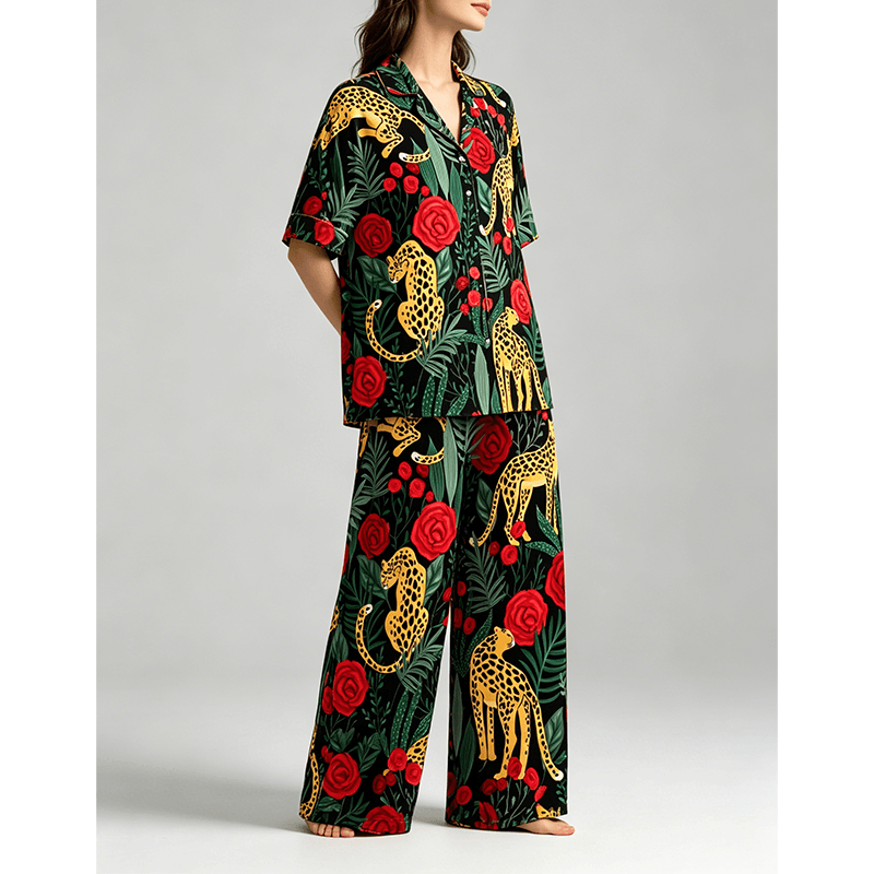 Rose Leopard Long Pyjama Set — Women's