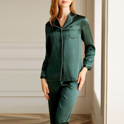 19 momme Velvet Green Long Pyjama Set — Women's