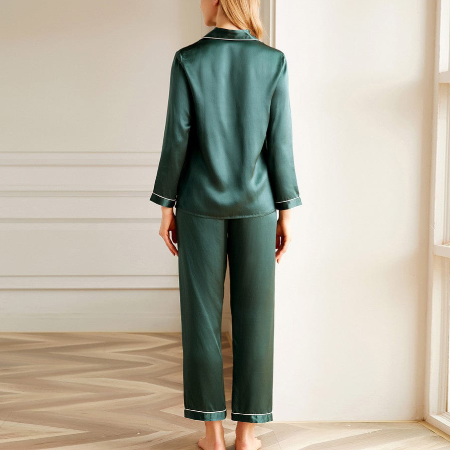 19 momme Velvet Green Long Pyjama Set — Women's