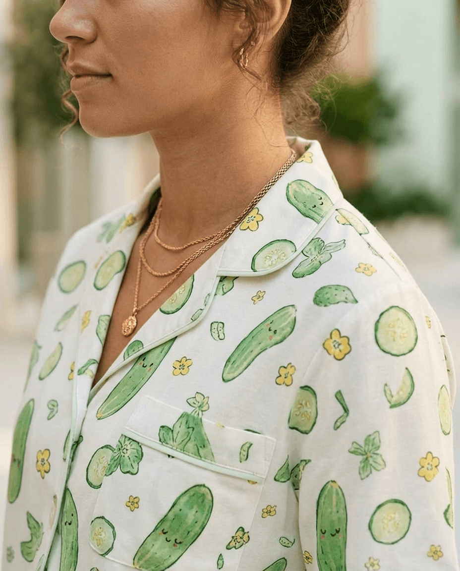 Person wearing a shirt with cucumber pattern outdoors