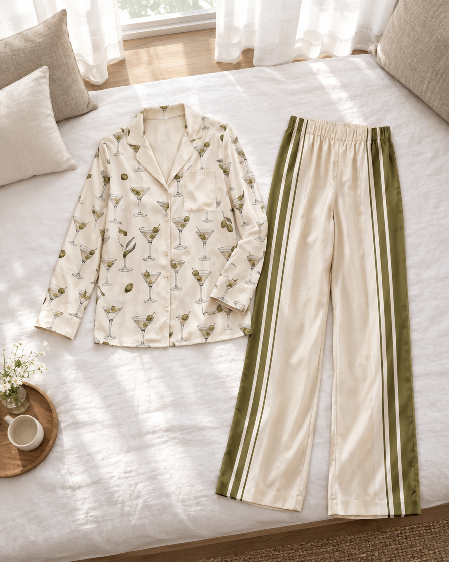 Martini Olive Modal Cloud shirt and side-stripe trousers laid flat on a white bed by a sunny window.
