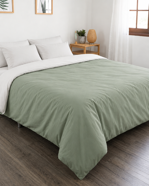Mint Green duvet cover with off white reverse, off white fitted sheet and off white pillowcases in Plain Cotton