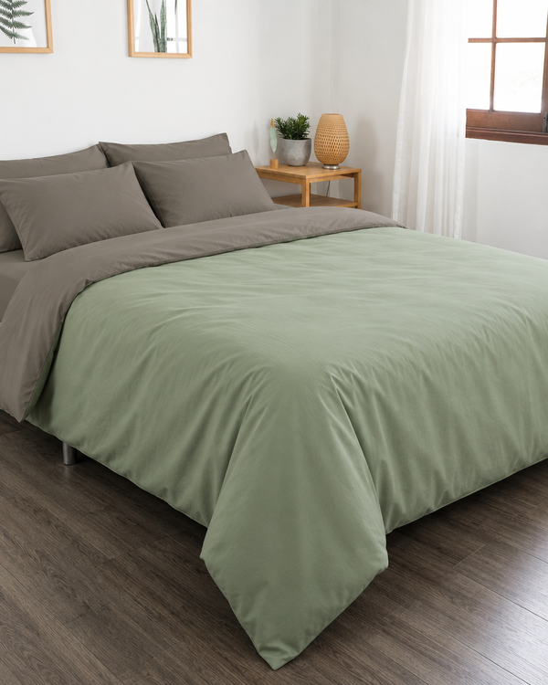 Mint Green duvet cover with smoke reverse, smoke fitted sheet and smoke pillowcases in Plain Cotton