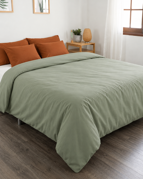 Mint Green duvet cover, off white fitted sheet and terracotta pillowcases in Plain Cotton