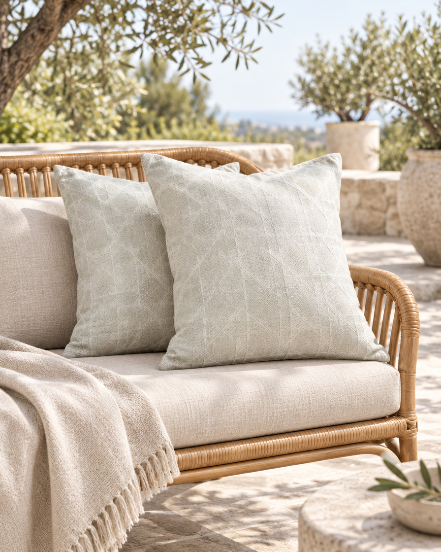 Mint grey lattice jacquard cushions on a rattan bench on a sunny terrace