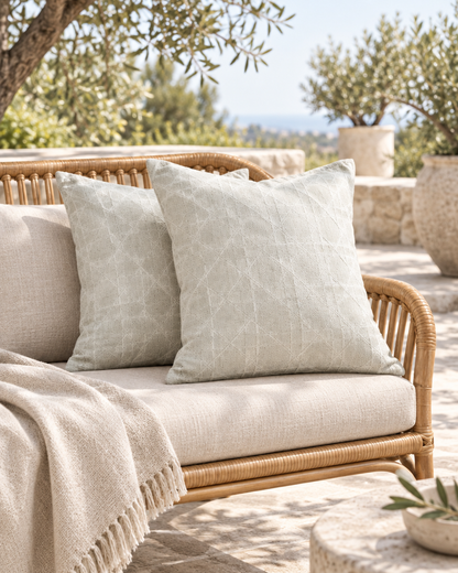 Mint grey lattice jacquard cushions on a rattan bench on a sunny terrace