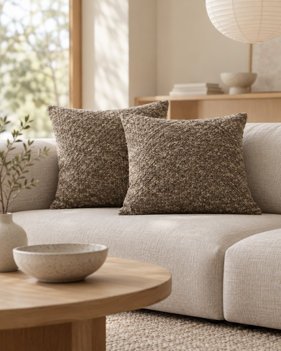 Mocha bouclé jacquard cushions on a low oatmeal sofa in a calm Japandi lounge with a paper lantern