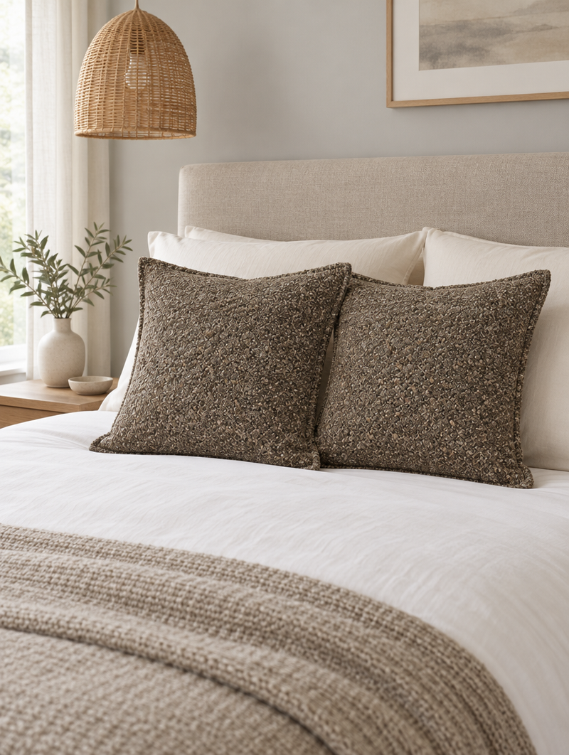 Mocha boucle cushions on a white bed with an oatmeal knit throw and a rattan pendant above