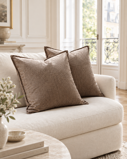 Mocha flanged cotton cushions on a cream sofa in a panelled Parisian salon