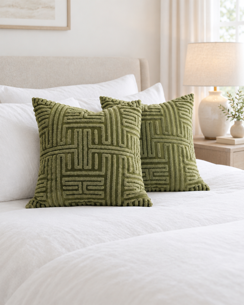 Moss green maze embroidery cushions on a made bed with crisp white linen and a bedside lamp