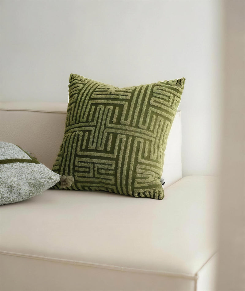Moss Green Maze Embroidery Cushion Covers, styled at home
