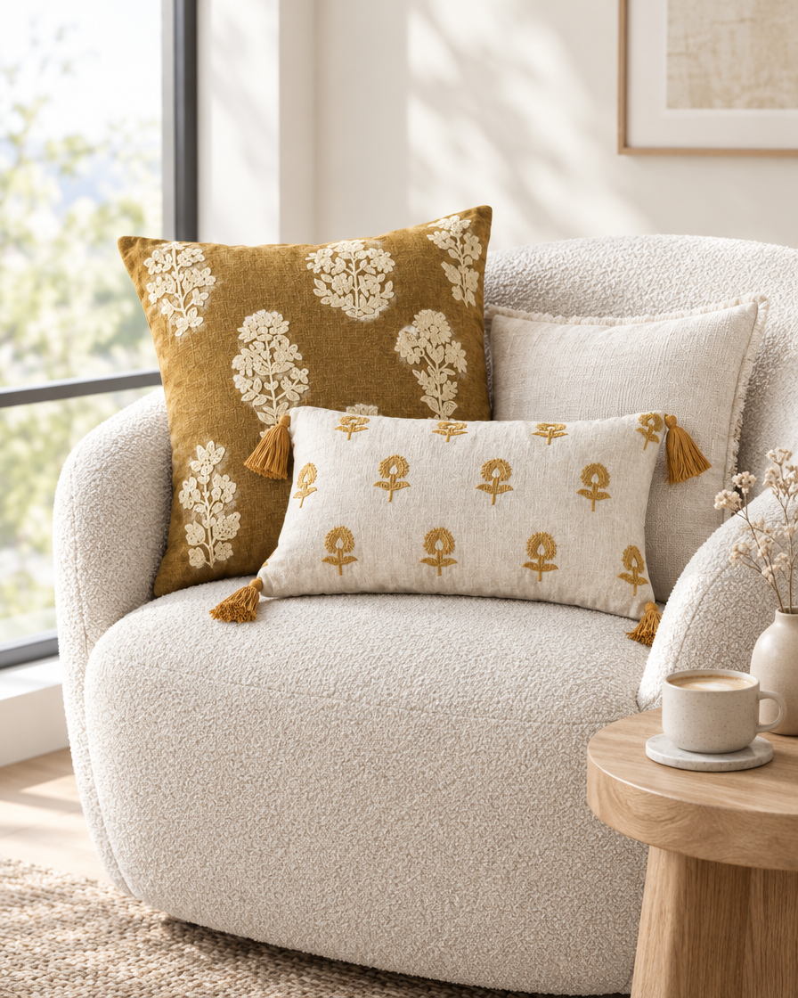 Mustard and ivory floral embroidered cushions on a boucle armchair by a window with a coffee cup