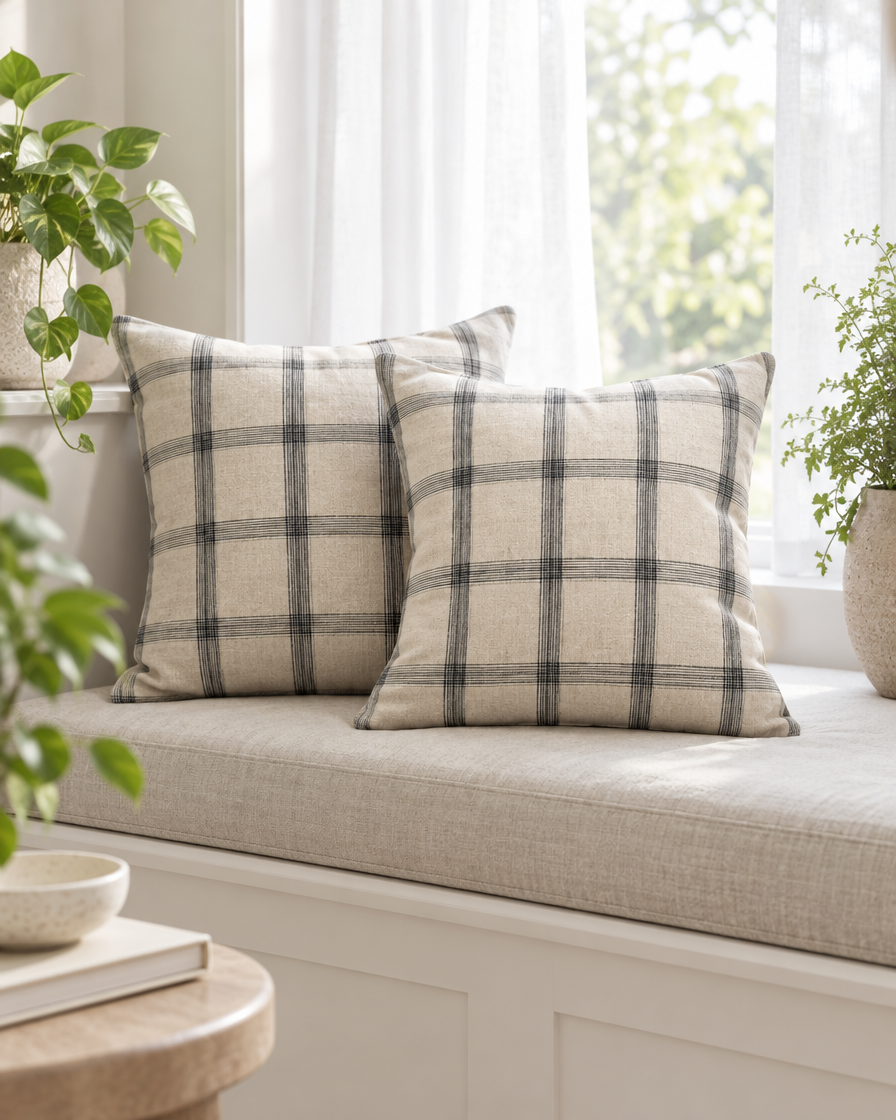 Natural check tartan linen cushions on a window seat with sheer white curtains and trailing plants