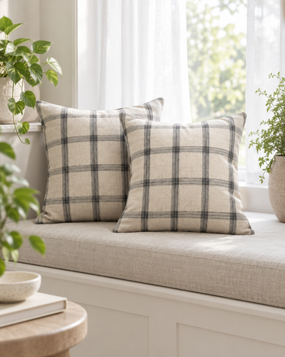 Natural check tartan linen cushions on a window seat with sheer white curtains and trailing plants