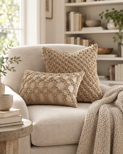 Natural jute honeycomb cushions in a sunny reading nook beside bookshelves