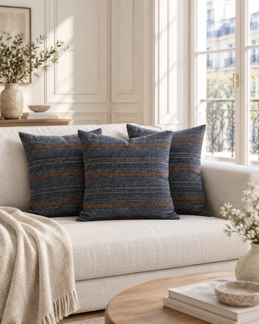 Navy and rust stripe hemp cotton cushions on a cream sofa in a panelled Parisian salon