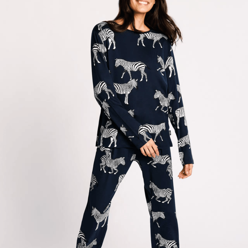 Navy Zebra Crewneck Long Pyjama Set — Women's