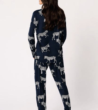 Navy Zebra Crewneck Long Pyjama Set — Women's