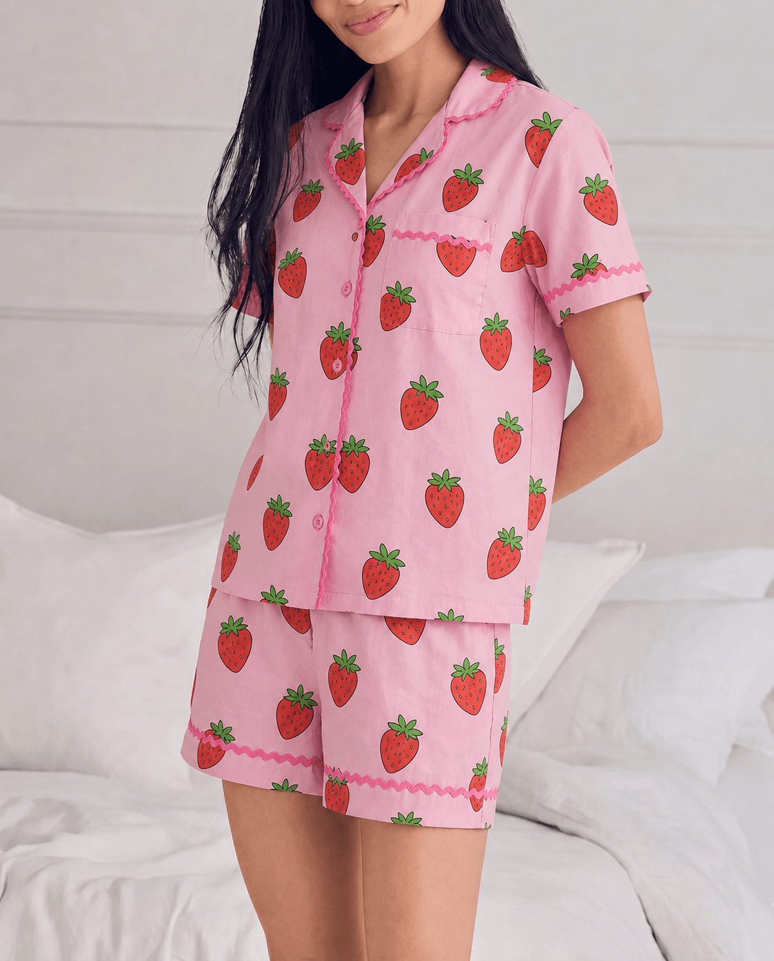Side view of the Sweet Strawberry Modal Cloud short pyjama set.
