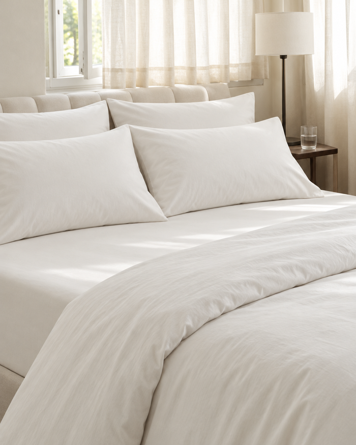 Off white Plain Cotton percale bed with the duvet turned back to air
