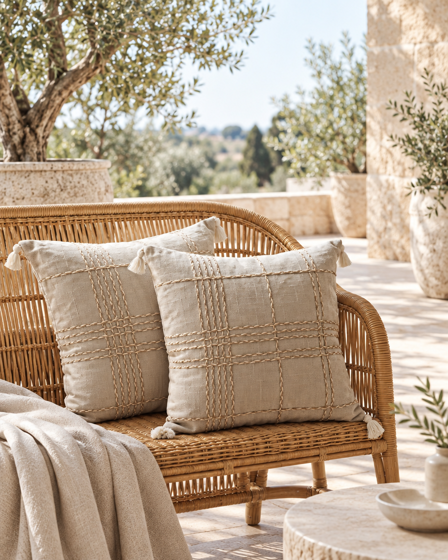 Oat check hand-woven cushions on a rattan bench on a sunny terrace