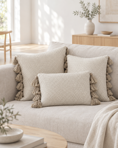 Oat honeycomb jacquard cushions with chunky tassels on a linen sofa in a sunlit Scandi living room