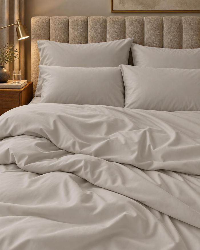 Oat Milk Silky Cotton duvet cover, fitted sheet and pillowcases on a made double bed