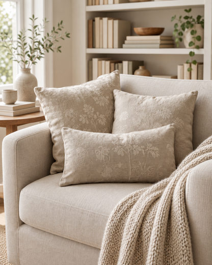 Oat sprig embroidered cushions in a sunny reading nook beside bookshelves
