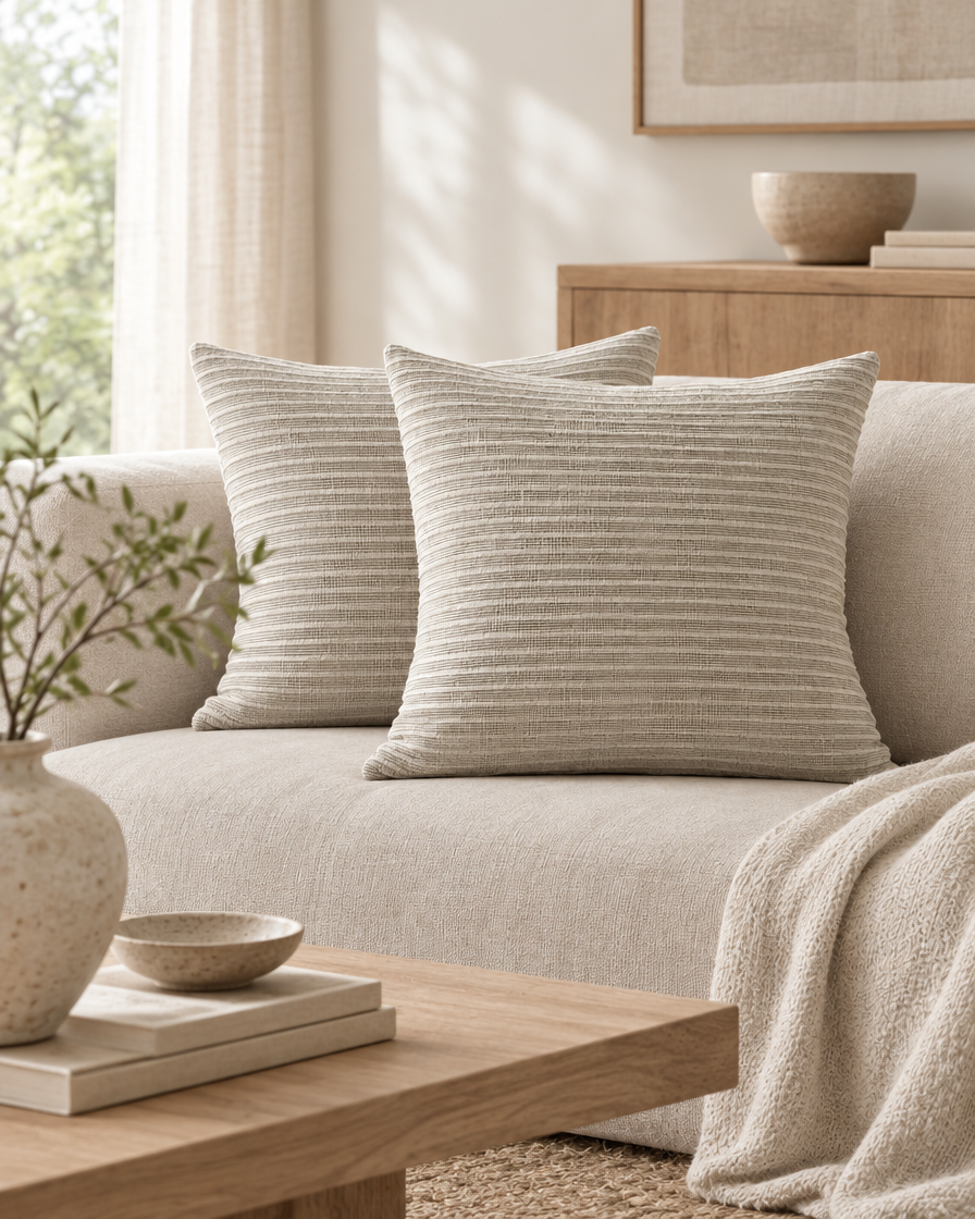 Oat stripe hemp cotton cushions on a sofa in a Japandi lounge with a low oak table