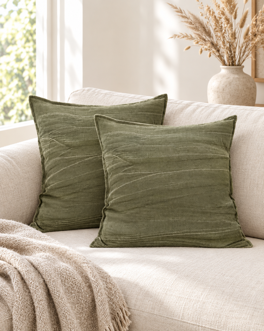 Two olive green jacquard linen cotton cushions with wavy texture on a cream sofa beside dried grasses