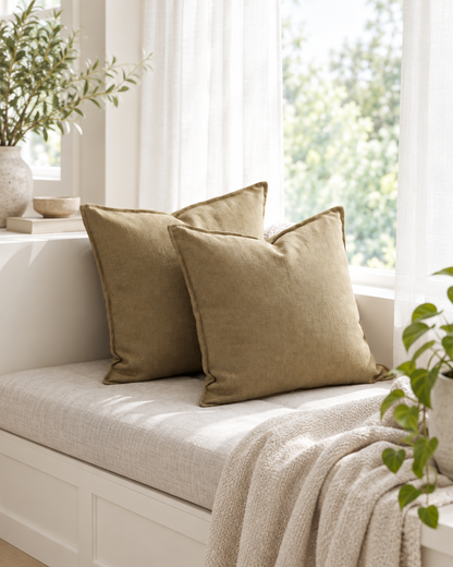 Olive khaki slub jacquard cushions on a window seat with sheer curtains and plants
