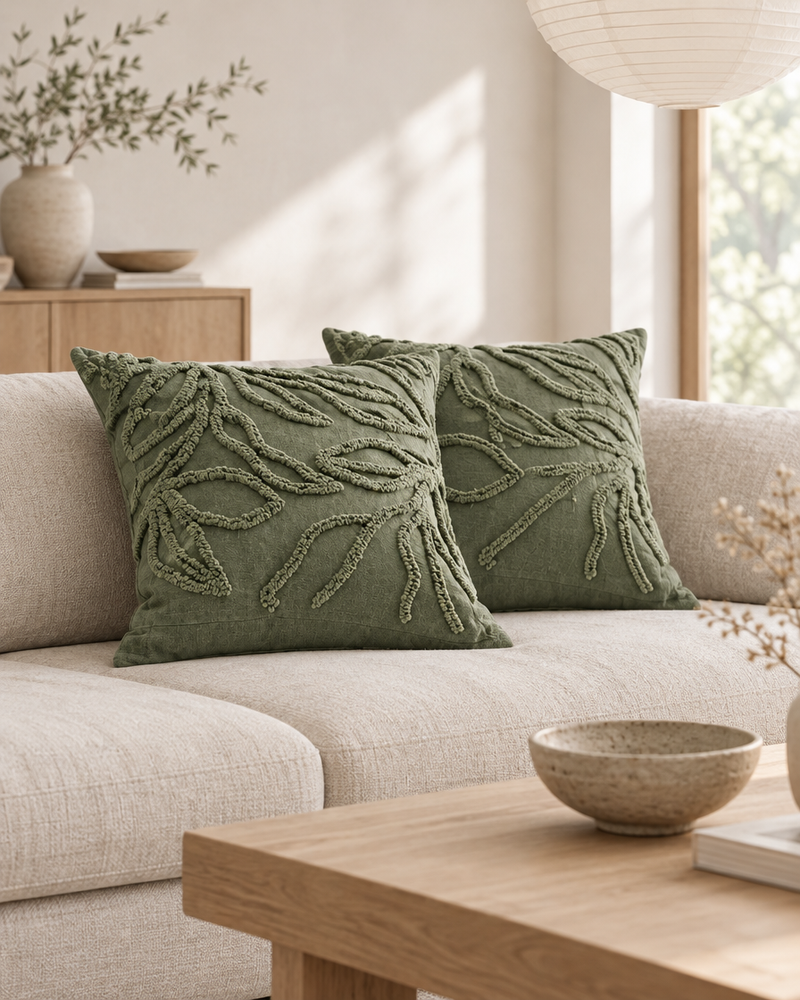 Olive leaf embroidery cushions on a low oatmeal sofa beside an oak coffee table in a Japandi lounge