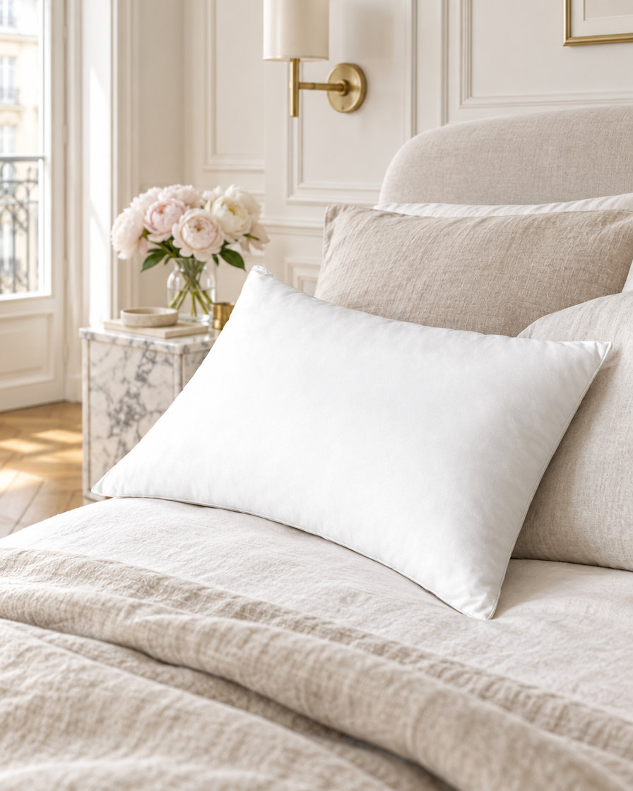 White Pillow Insert on a linen-dressed bed in a panelled Parisian bedroom with peonies on a marble nightstand